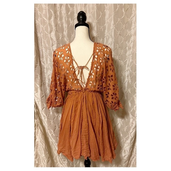 Free People One Bella Note Eyelet Mini Dress Tunic TerraCotta Clay Orange Boho - Picture 4 of 15